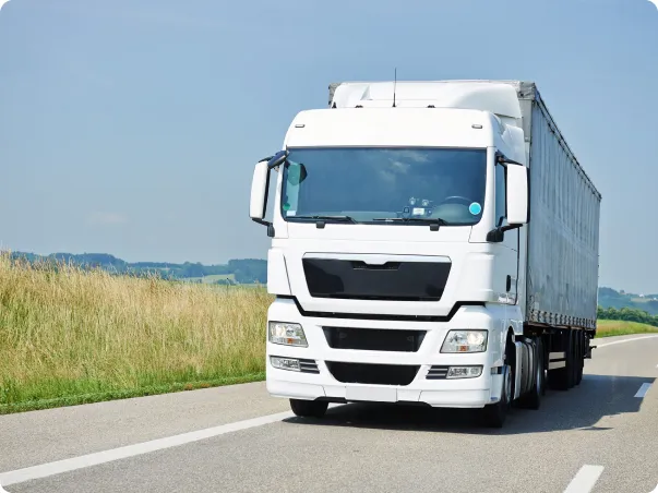 Un camion semi-remorque blanc roule sur une route de campagne ensoleillée.