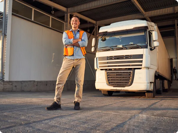Homme souriant en gilet de sécurité orange devant un camion semi-remorque blanc.